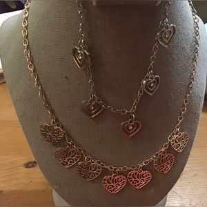 Silver toned anklet / bracelet with dangled hearts n pink toned heart necklace.